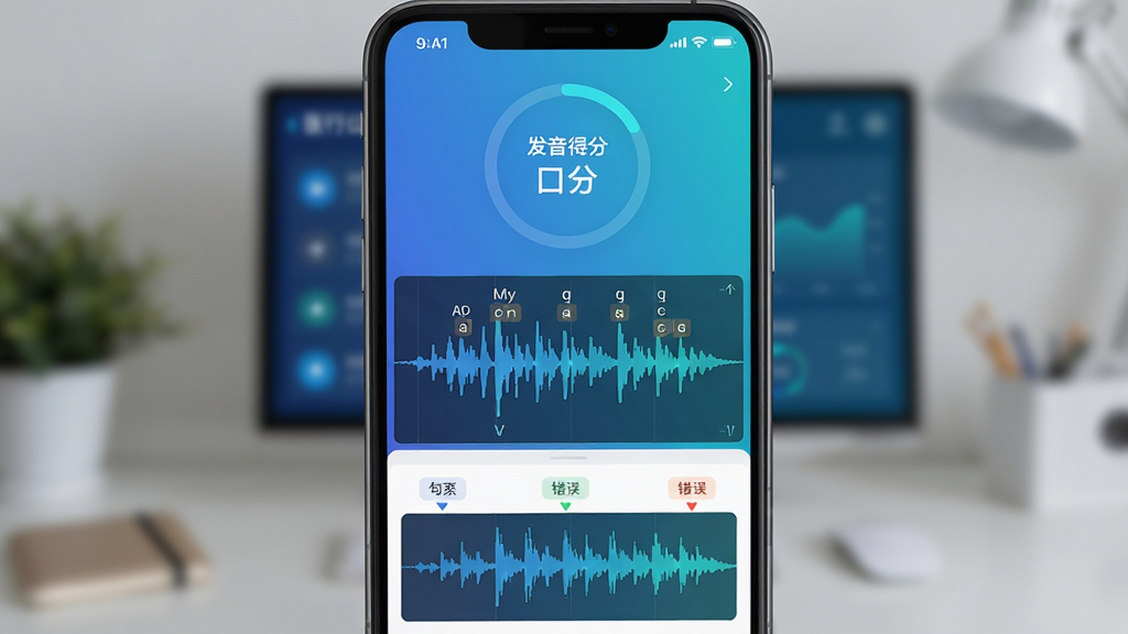 生成一张关于“医行口语”AI智能纠音评分功能的截图预览。画面主体为手机屏幕上的波形图与音素分析界面,背景虚化处理。布局强调数据可视化,上方是发音得分圈,下方是逐句的波形对比。风格科技感十足,蓝色与青色的渐变色调。细节处有音标标注和错误提示。画质干净,无多余元素,体现AI技术对口语学习的精准辅助。