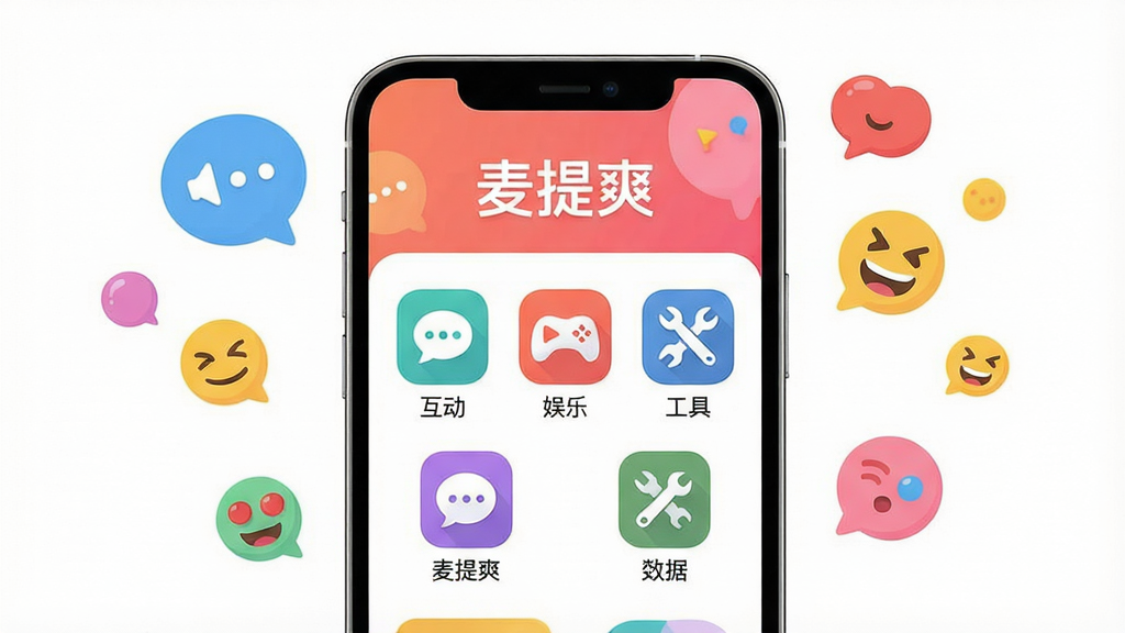 主体:麦提爽应用界面,展示其活泼有趣的互动功能。布局:手机屏幕居中,周围有彩色气泡和表情符号点缀。排版:界面元素清晰,功能按钮排列有序。风格:现代扁平化设计,色彩明亮活泼。细节:屏幕中显示“麦提爽”名称及几个主要功能图标,如“互动”、“娱乐”、“工具”等。画质:高清,干净,无多余元素。