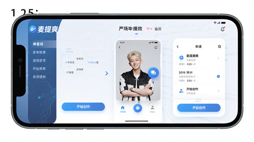 主体:麦提爽应用在手机上的运行效果,展示其流畅的界面。布局:手机横屏展示,屏幕内显示应用主界面和操作步骤。排版:清晰展示菜单栏和功能按钮。风格:科技感,现代。细节:屏幕中显示“麦提爽”标志,下方有“开始创作”按钮。画质:高清,干净,无多余元素。