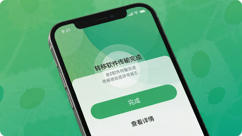 手机界面显示转移软件传输完成页面,有“完成”按钮和“查看详情”选项,背景为绿色渐变,风格简约,画质清晰