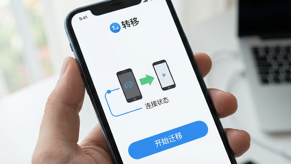 手机屏幕显示转移软件主界面,界面布局简洁,上方有“转移”品牌标识,中间是设备连接状态示意图,下方有“开始迁移”按钮,整体风格清新明亮,画质细腻干净,无多余元素