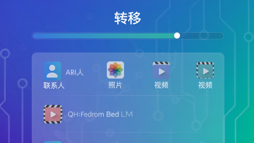 转移软件运行界面,展示数据迁移进度条,背景为渐变色,上方有“转移”字样,中间是图标列表,包括联系人、照片、视频等,布局清晰,风格科技感,画质干净