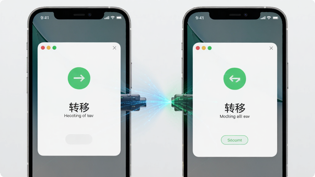 两台手机并排连接,屏幕显示“转移”软件连接成功界面,中间有数据流动的光效,背景为浅灰色,风格简洁现代,画质高清