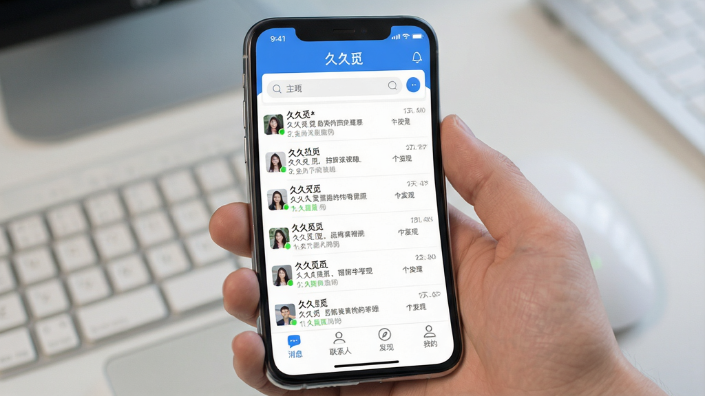 一张展示久久觅应用全貌的预览图。画面主体是智能手机屏幕,屏幕内显示应用主界面,顶部有“久久觅”应用名称,中间是聊天列表,底部有“消息”、“联系人”、“发现”、“我的”四个标签栏。整体布局清晰,风格简约现代,以蓝色和白色为主色调,画质清晰,干净,无多余元素。