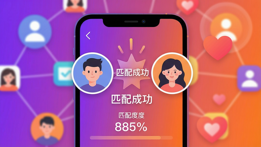 一张展示久久觅智能匹配功能的插图。画面中央是一个放大的手机界面,界面中展示两个用户头像,中间有“匹配成功”的动画效果,下方显示匹配度百分比。背景是模糊的社交网络图标和心形图案。整体风格活泼,色彩明亮,以紫色和橙色渐变为主,画质清晰,干净,无多余元素。