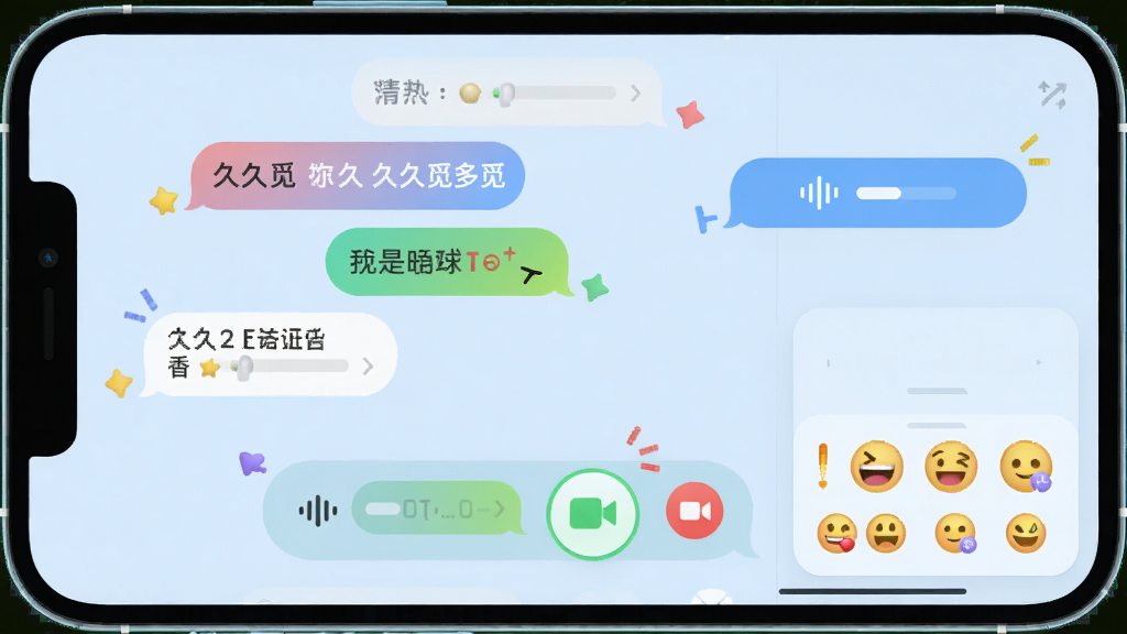 一张展示久久觅多元聊天功能的界面截图。画面中手机屏幕显示聊天窗口,包含文字气泡、语音条、视频通话按钮和表情面板。界面设计活泼,有彩色气泡和动画效果,背景是柔和的浅蓝色。整体风格清新,画质清晰,干净,无多余元素。