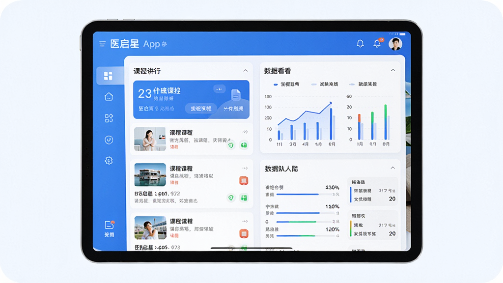 一张展示医启星App在平板电脑上运行的宣传预览图,主体为app主界面,包含课程列表与数据看板,布局清晰,采用蓝白主色调,现代扁平化设计风格,细节丰富,画质干净,无多余元素