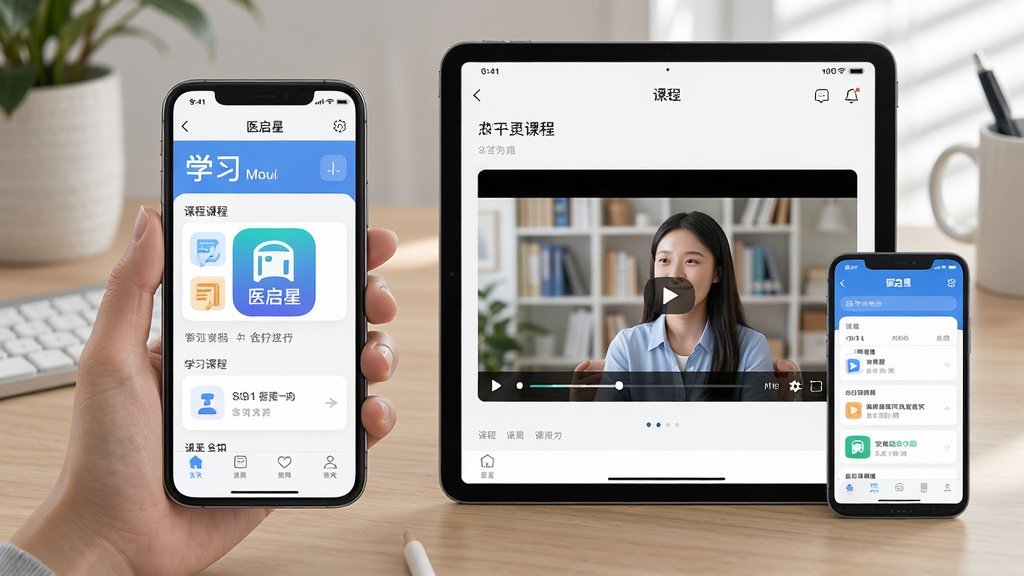 医启星App在手机和平板上运行的使用场景图,主体为学习界面与课程视频播放画面,布局展示多设备适配,风格写实,细节清晰,画质干净,无多余元素