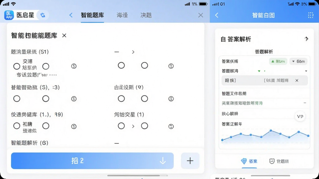 医启星App的智能题库功能界面截图,主体为做题页面,展示选择题与答题卡,排版整洁,风格清爽,突出答案解析区域,画质干净,无多余元素