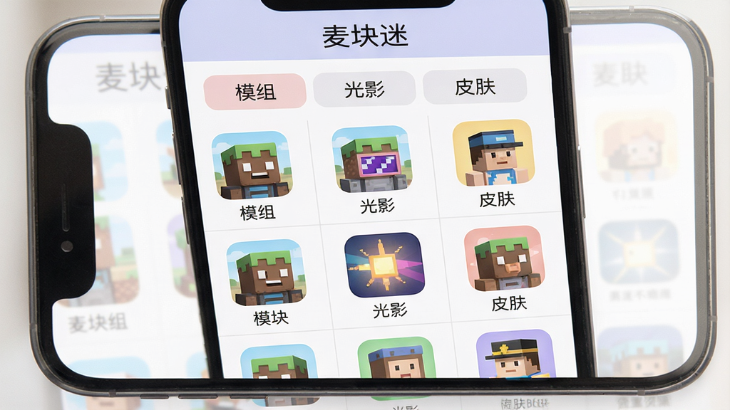 ���壺�ֻ���Ļչʾ�������Դ����ҳ�棬�С�ģ�顱������Ӱ������Ƥ�����ȱ�ǩ���·�����Դ�б�����ͼ�����֣��Ź��񲼾֣�ÿ��������ʾ��Դͼ������ƣ��Ű棺�������룬ͼ�Ĳ�ï����񣺱�ƽ����ƣ�ɫ����ͣ�ϸ�ڣ���Ļ�Ϸ���ʾ������ԡ���������Դͼ��Ϊ�����񣻻��ʣ��������ɾ����޶���Ԫ�ء�