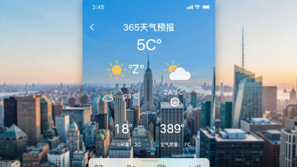 365天气预报应用主界面,展示当日天气信息,背景为城市风景,界面风格简洁清晰,色彩明快,包含温度、天气图标、空气质量等元素,整体布局合理,画质干净,无多余元素