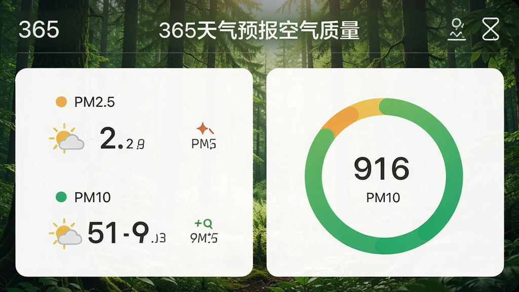 365天气预报空气质量界面,展示PM2.5、PM10等污染物浓度数值,空气质量指数以环形图呈现,背景为绿色森林,风格清新自然,界面数据清晰,画质干净,无多余元素