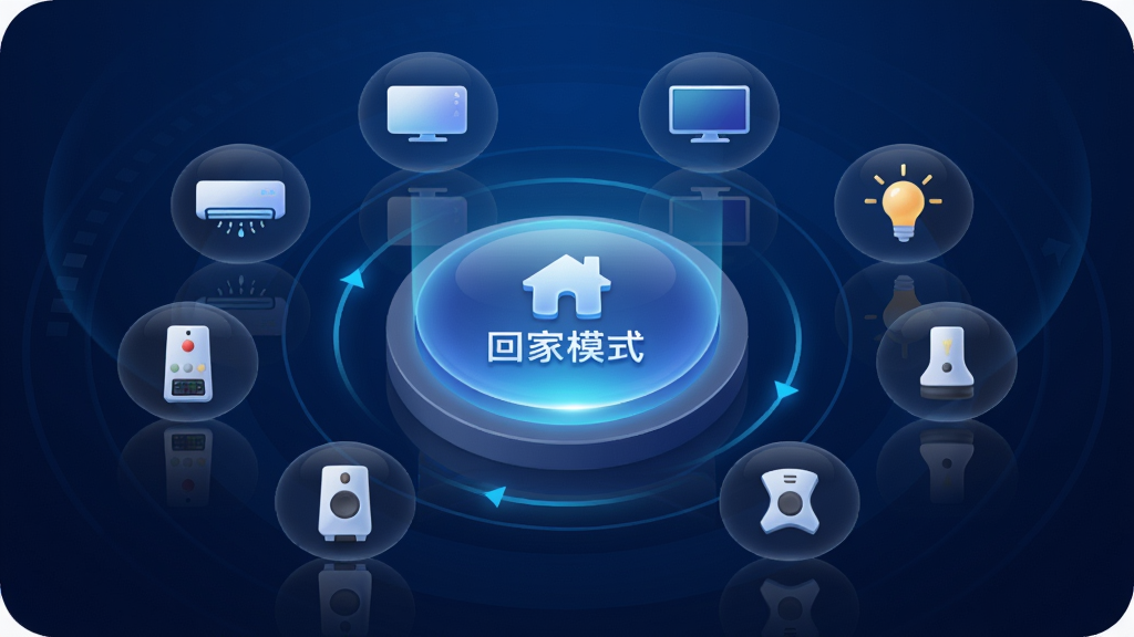 ����Ϊ����ң�����Ҽ�App�ġ��������á�ҳ�棬ҳ��������һ��Բ�Ρ��ؼ�ģʽ����ť����Χ���ƿյ������ӡ��ƹ���豸ͼ�꣬����Ϊ����ɫ�Ƽ��н��䣬���ֲ��û���ʽ���ĶԳƣ��Ű渻�ж��У����Ϊ3D��Ⱦ��ϸ�ڰ�����ť����Ч�����豸ͼ�굹Ӱ�����ʸ���ɾ����޶���Ԫ�أ�����������š�
