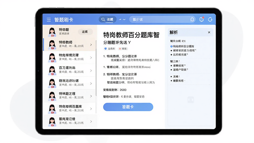 特岗教师百分题库智能刷题功能展示图,平板电脑上显示题目详情与答题卡,左侧是题目列表,右侧是解析区域,色彩搭配舒适,界面布局清晰,插画风格,高画质,干净,无多余元素