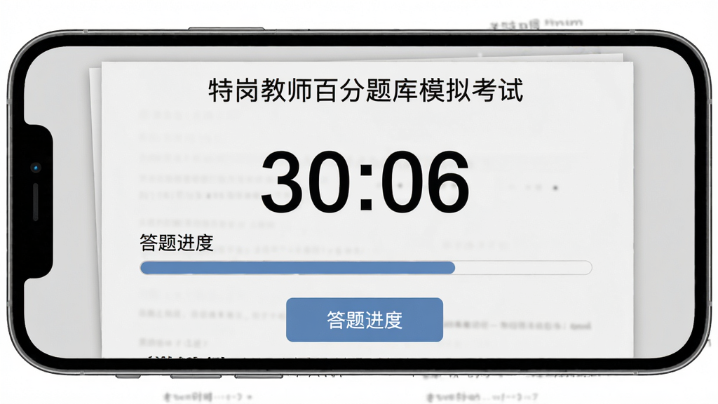 特岗教师百分题库模拟考试界面预览图,手机横屏显示考试计时器与答题进度条,背景为浅灰色模拟试卷风格,按钮设计明显,视觉风格沉稳,高画质,干净,无多余元素