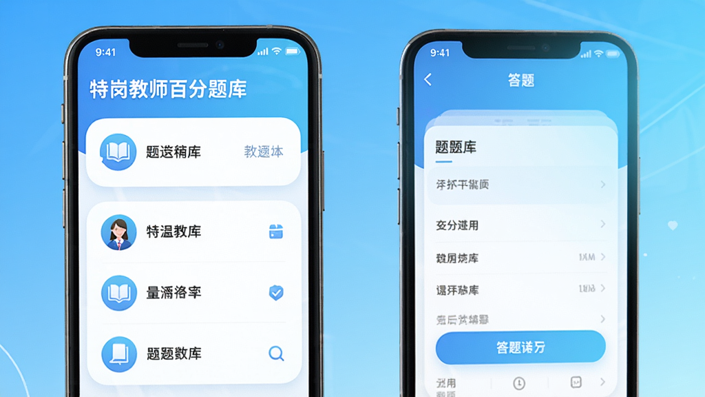 特岗教师百分题库软件主界面预览图,手机屏幕展示题库列表与答题页面,背景为清新的蓝色渐变,界面设计简洁现代,图标圆润,文字清晰,整体风格专业且富有活力,高画质,干净,无多余元素
