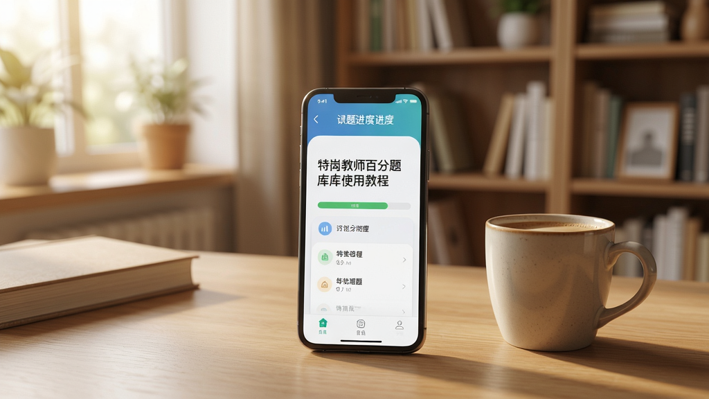 特岗教师百分题库使用教程场景图,一部手机和一杯咖啡放在书桌上,手机屏幕显示刷题进度,背景是温馨的书房,自然光,写实风格,高画质,干净,无多余元素