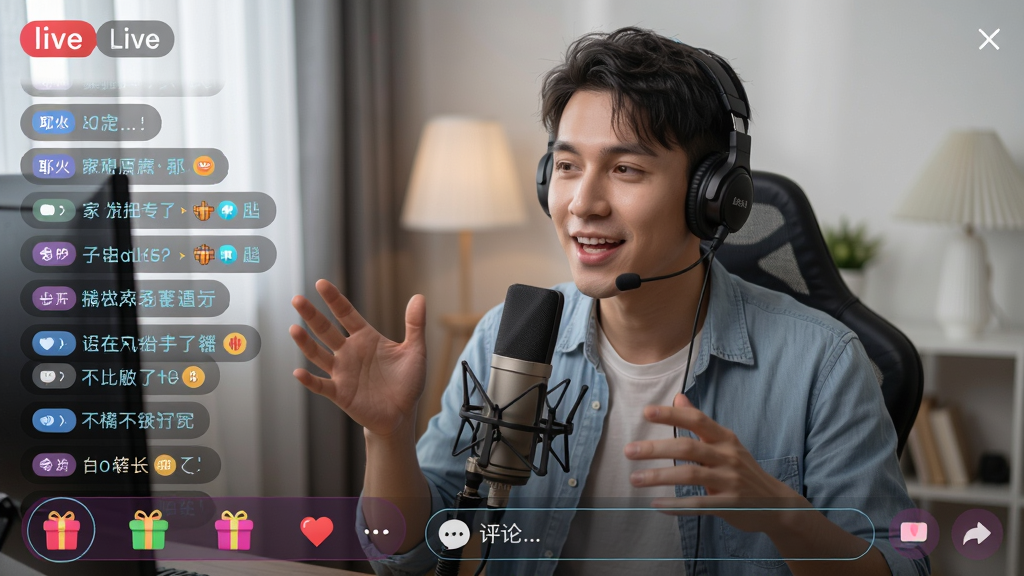 耶火live直播播放界面,画面清晰细腻,主播正在互动,弹幕实时滚动,界面底部有礼物栏和评论输入框,画质高清,光线自然,风格写实,无多余元素