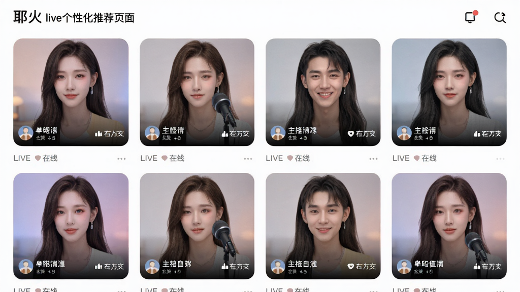 耶火live个性化推荐页面,展示多个直播封面缩略图,每个封面标注主播昵称和在线人数,界面布局网格化,色彩柔和,风格现代,画质干净清晰