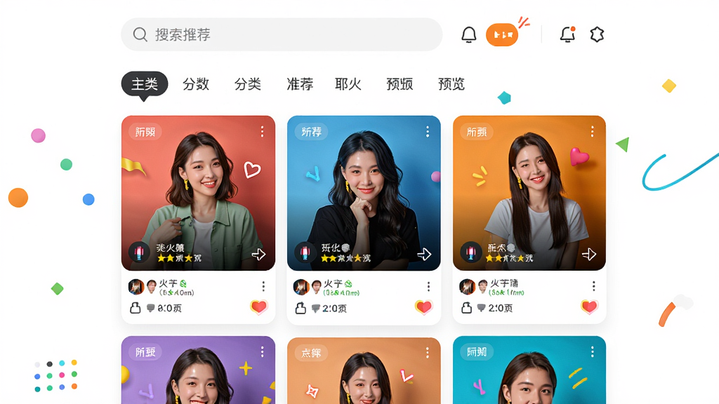 耶火live主界面预览图,展示推荐直播间瀑布流布局,顶部搜索栏和分类标签,色彩明亮活泼,风格现代化,UI设计简洁清晰,画质高清,干净无多余元素