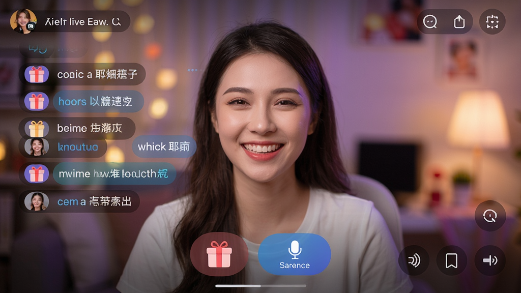 耶火live互动界面,屏幕下方显示礼物图标和连麦按钮,主播笑脸回应,弹幕文字飘过,背景虚化,突出互动元素,画质高清,色彩鲜艳,干净无杂物