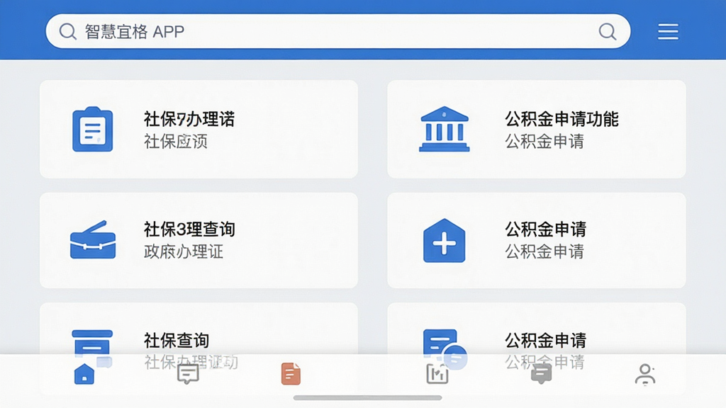 ���壺�ǻ��˸�APP�������ҳ�棬չʾ�籣��ѯ�͹��������빦�ܣ����֣�ҳ�涥��Ϊ���������·�Ϊ�����б����ֻ��ײ��е��������Ű棺���ܿ�Ƭ�������У���Ϣ�㼶��������񣺼������磬��ɫϵΪ����ϸ�ڣ�ÿ�ſ�Ƭ��ͼ�����������������Ϊǳ��ɫ��ͻ����Ƭ���ݣ����ʣ����壬�ɾ��޶���Ԫ��