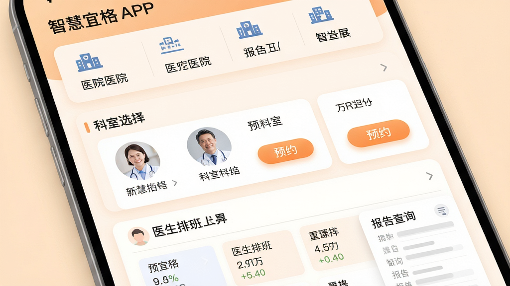 ���壺�ǻ��˸�APPҽ�ƽ�������ҳ�棬չʾԤԼ�Һźͱ����ѯ���ܣ����֣�ҳ���Ϸ�ΪҽԺ�б����м�Ϊ����ѡ���·�Ϊҽ���Ű�����Ű棺��Ϣ����������ʹ�ÿ�Ƭʽ��ƣ�������ůɫϵ��Ӫ�찲�ķ�Χ��ϸ�ڣ�ҽ��ͷ���ְ����ʾ��ԤԼ��ťΪ��ɫ�����浥��ʽ��ࣻ���ʣ����壬�ɾ��޶���Ԫ��