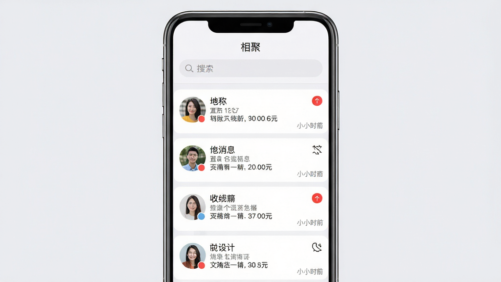 ���壺����ۡ�Ӧ�õ���Ϣ�б����棬չʾ��ͬ��ϵ�˵ĶԻ��б������֣��ֻ���Ļ��ֱ��ʾ���Ϸ������������·�����Ϣ�б������õ��в��֡��Ű棺ÿ����Ϣ��ͷ���ǳơ����һ����ϢԤ����ʱ�䣬�������롣��񣺼����б���ƣ�����Ϊǳ��ɫ����ɫ��Ƭʽ��Ϣ����ϸ�ڣ���δ����Ϣ��㡢�ö���ʶ�������ͼ�꣬�������������ʣ�������Ⱦ������ɾ��޶���Ԫ�ء�