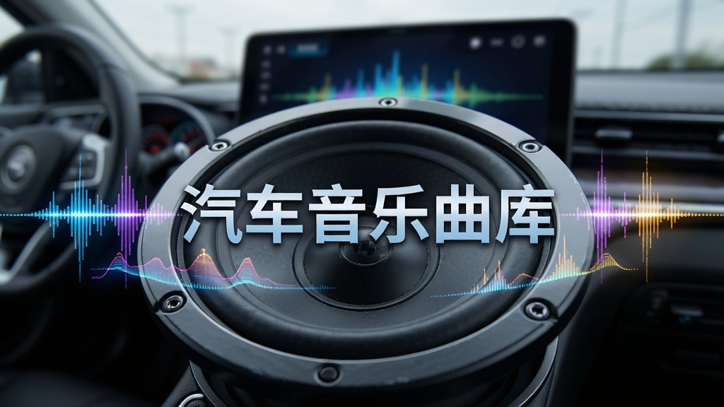 汽车音响扬声器特写,周围有音频频谱动态效果,背景是模糊的驾驶舱,