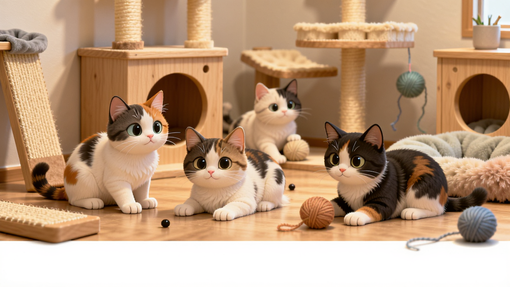 主体:温馨明亮的猫舍内部场景,画面中央有几只不同花色的可爱猫咪在玩耍,背景是木质的猫爬架和柔软的垫子。布局:采用平视视角,主体突出,猫咪分布在画面黄金分割点上。排版:画面干净整洁,前景留出适当空白。风格:卡通插画风,色彩柔和温暖,光影效果自然。细节:猫咪毛发柔顺,眼神灵动,周围点缀猫抓板、毛线球等小道具。画质:8K超高清,细节丰富,画面干净,无多余元素。