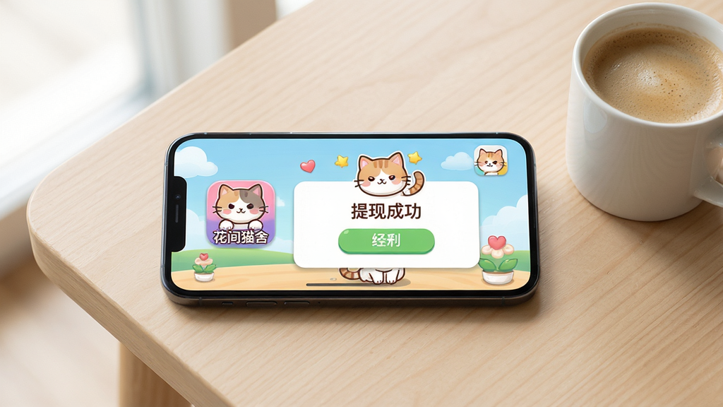 主体:一部智能手机屏幕上显示着《花间猫舍》的游戏界面,旁边放着一杯咖啡。布局:手机横置在画面中央,屏幕内容清晰可见,背景为简约的木质桌面。排版:主体突出,四周留白。风格:现代简约生活风,光线明亮柔和。细节:手机屏幕中能看到可爱猫咪和“提现成功”的提示框,文字“花间猫舍”在应用图标上清晰可见。画质:高清写实,焦点清晰,画面干净,无多余元素。