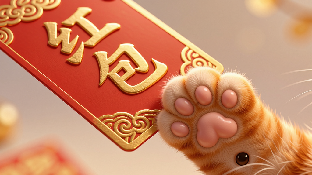 主体:一只毛茸茸的橘猫爪子按在一个带有“红包”字样的金色卡片上。布局:特写镜头,猫咪爪子在画面右下角,红包卡片在左上角,形成对角构图。排版:画面简洁,突出红包和猫爪的互动。风格:写实与卡通结合,光影质感出色,背景虚化。细节:猫爪肉垫粉嫩,红包卡片有精致的中国风纹样,文字“红包”清晰可见。画质:4K高清,主体锐利,背景干净,无多余元素。