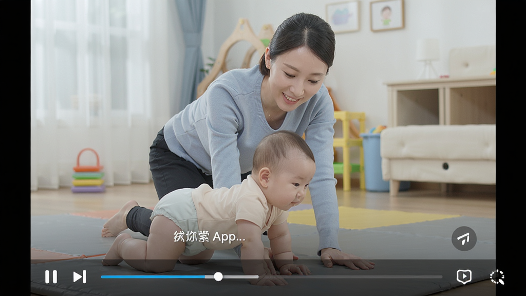 训练宝APP播放视频教程的画面,主体是真人老师示范宝宝爬行动作,视频界面有播放控制条和文字提示,布局采用全屏播放样式,风格写实清晰,画质高清,无多余元素。