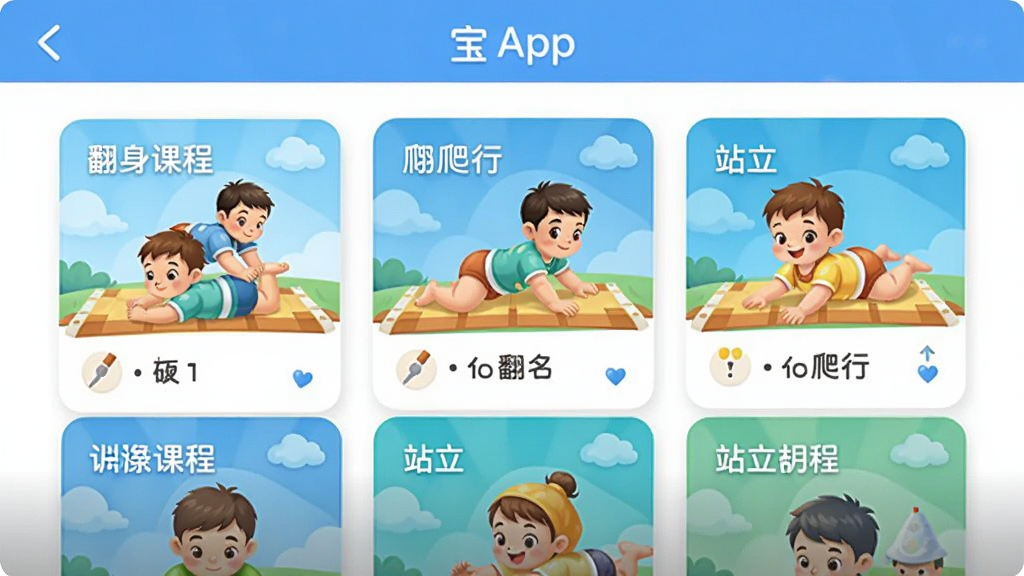 训练宝APP界面截图风格插画,主体是分阶训练课程列表,显示抬头、翻身、爬行、站立等课程卡片,布局采用列表式排版,整体风格简洁现代,细节清晰,画质干净。