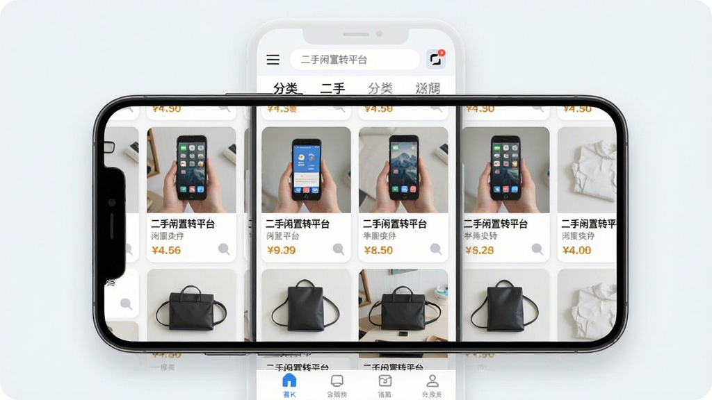 ���壺һ�������ֻ���Ļ��ʾ����������תƽ̨��APP����ҳ���档���֣��ֻ�λ�ڻ������룬��������չʾ��Ʒ�ٲ������������������ͷ��ർ�����Ű棺��Ʒ��Ƭ�������У�ͼƬ����������۸���Ŀ������ִ���Լ��ɫ�����죬ǳɫ������ϸ�ڣ���Ļ����ʾ����������תƽ̨�������͸���������Ʒ����ͼ�����ʣ�4K���壬�ɾ����޶���Ԫ�ء�