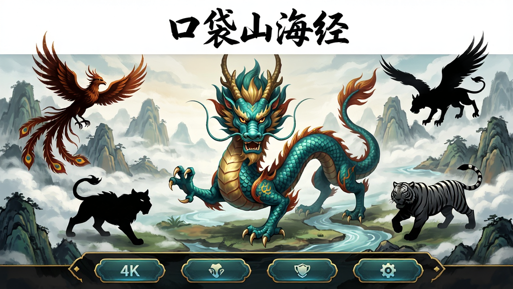 主体:游戏主界面展示,中央为一只威风凛凛的青龙神兽,周围环绕着凤凰、白虎等异兽剪影,背景是云雾缭绕的山海世界。布局:主视觉居中,异兽环绕排列,下方为游戏功能按钮栏。排版:采用横向构图,上方留白写游戏名称“口袋山海经”,下方为按钮区。风格:国风手绘,色彩浓郁,水墨与重彩结合。细节:神兽鳞片清晰,背景山川河流细腻,按钮带有金色镶边。画质:4K高清,干净,无多余元素。
