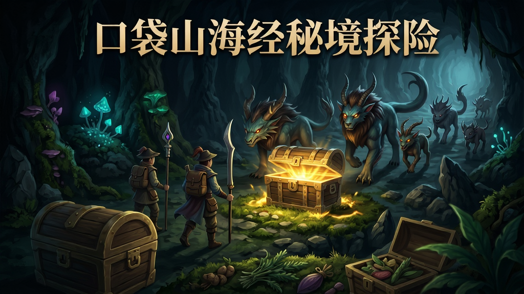主体:角色带领异兽队伍在秘境内探索,前景是宝箱和草药,背景是幽暗的山洞和发光的植物。布局:探险队从左下角向右上角前进,视线引导突出宝箱。排版:纵向构图,上方书写“口袋山海经秘境探险”。风格:暗黑奇幻,光影对比强烈。细节:宝箱有金光溢出,异兽神态各异,地面有苔藓和碎石。画质:高清,干净,无多余元素。