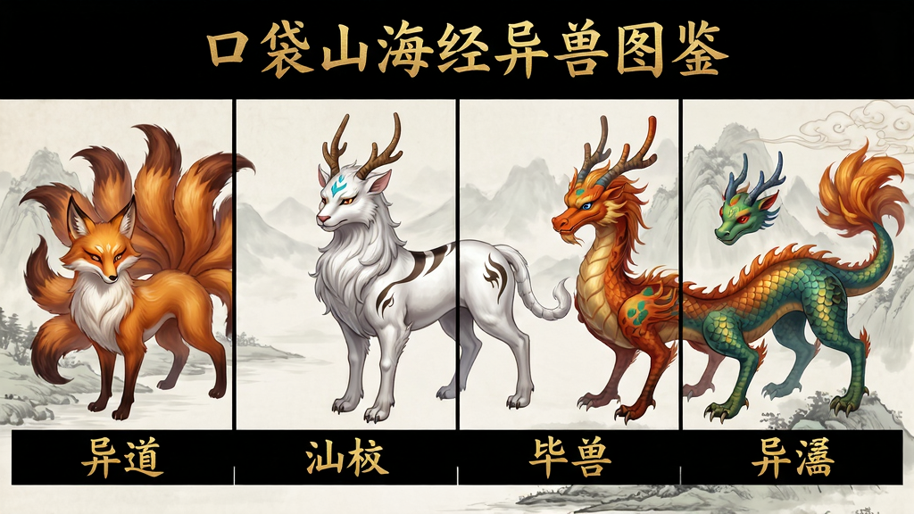 主体:一排异兽立绘展示,包括九尾狐、白泽、毕方等,每只异兽下方标注名称。布局:横向排列,每只异兽占据一个方格,背景为淡雅的水墨山水。排版:网格状分布,上方标题写“口袋山海经异兽图鉴”。风格:细腻工笔,色彩鲜艳。细节:每只异兽的毛发、羽毛、鳞片都清晰可见,名称用金色毛笔字书写。画质:高清,干净,无多余元素。