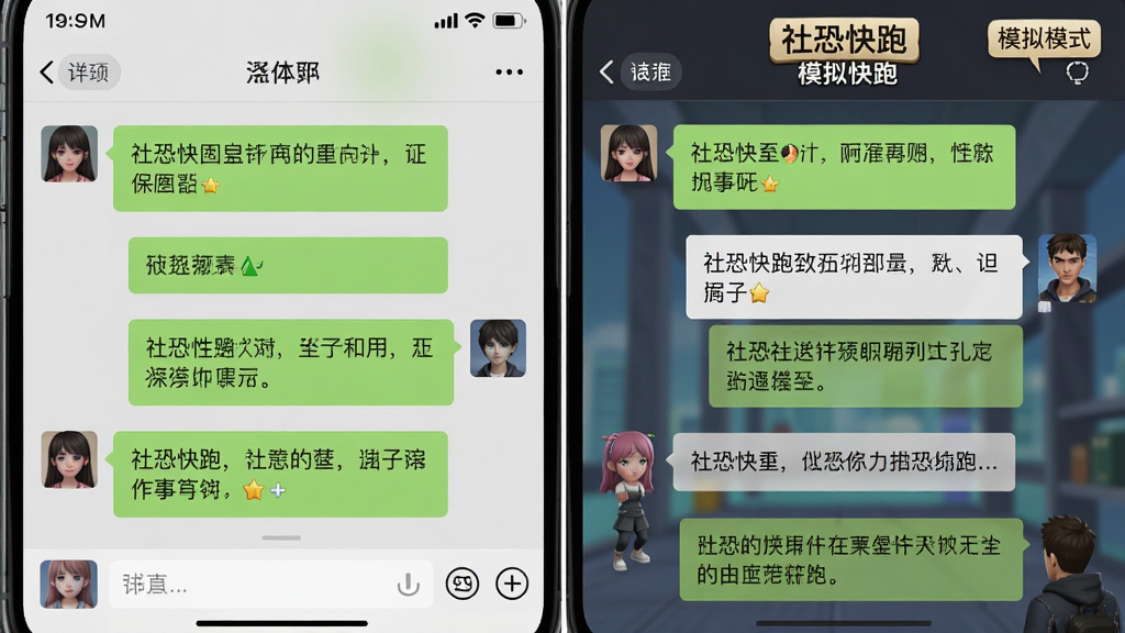 主体:左右分屏对比图,左侧为真实微信聊天界面截图,右侧为《社恐快跑》模拟界面,两者风格几乎一致,但右侧界面顶部有“模拟模式”小标签。布局:左右对称,中间用细线分隔。排版:聊天气泡左绿右白,文字内容清晰。风格:拟物写实风格,注重细节还原。画质:高清晰度,干净无多余元素。
