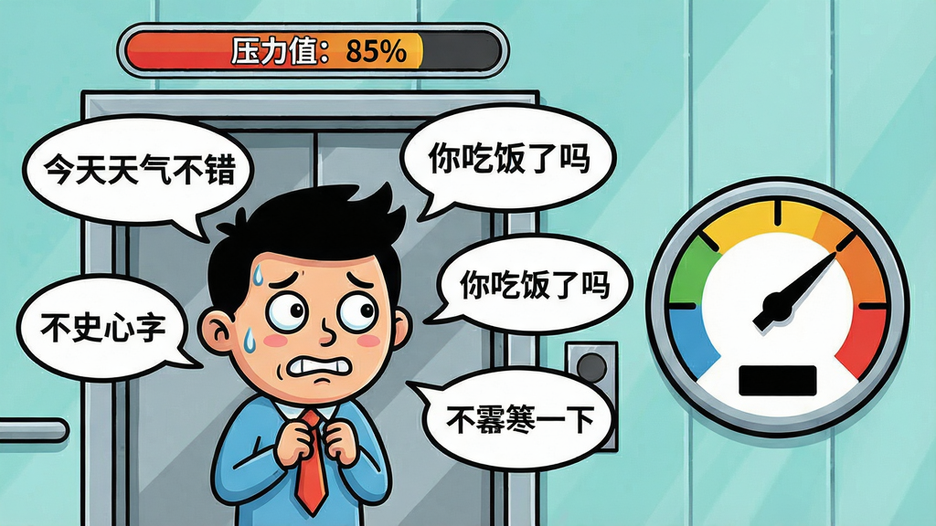 主体:一个卡通人物站在电梯门口,表情紧张,面前浮现出多个气泡对话框,气泡内显示“今天天气不错”“你吃饭了吗”等日常寒暄语,人物头顶有一个压力值进度条,显示“压力值:85%”。布局:人物居中偏左,右侧为压力值仪表盘。排版:气泡错落有致,仪表盘清晰。风格:卡通漫画风格,色彩活泼。画质:清晰干净,无多余元素。