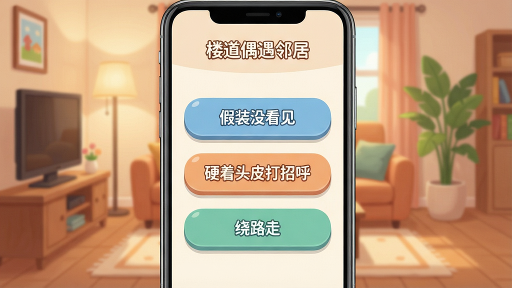 主体:手机竖屏截图,显示《社恐快跑》剧情关卡选择界面,背景为温馨的客厅场景,前景有三个选项按钮,分别写着“假装没看见”“硬着头皮打招呼”“绕路走”。顶部显示关卡名称“楼道偶遇邻居”。布局:界面层次分明,按钮清晰。排版:选项按钮垂直排列,间距均匀。风格:游戏UI设计风格,色彩柔和。画质:高清,干净无多余元素。