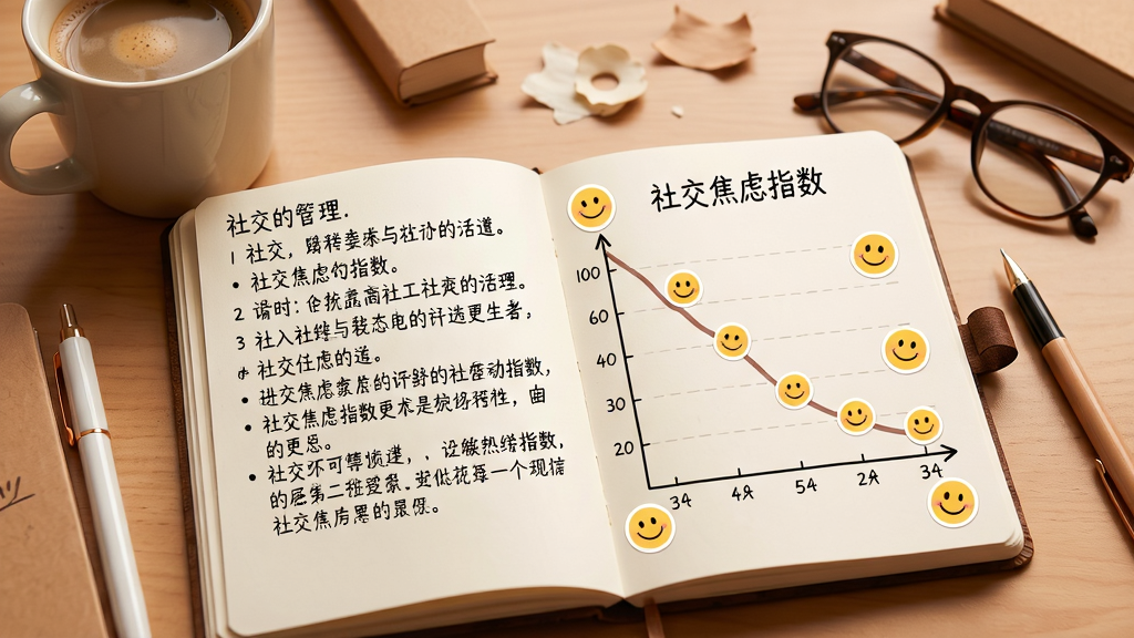 主体:一本打开的笔记本,左侧页面是手写的文字日记,右侧页面是折线图,展示“社交焦虑指数”从高到低的变化曲线,折线图上点缀着笑脸贴纸。背景有咖啡杯和眼镜。布局:笔记本摊开居中,周围有温馨的桌面元素。排版:图表清晰,文字手写体风格。风格:手账风格,暖色调。画质:细腻,干净无多余元素。