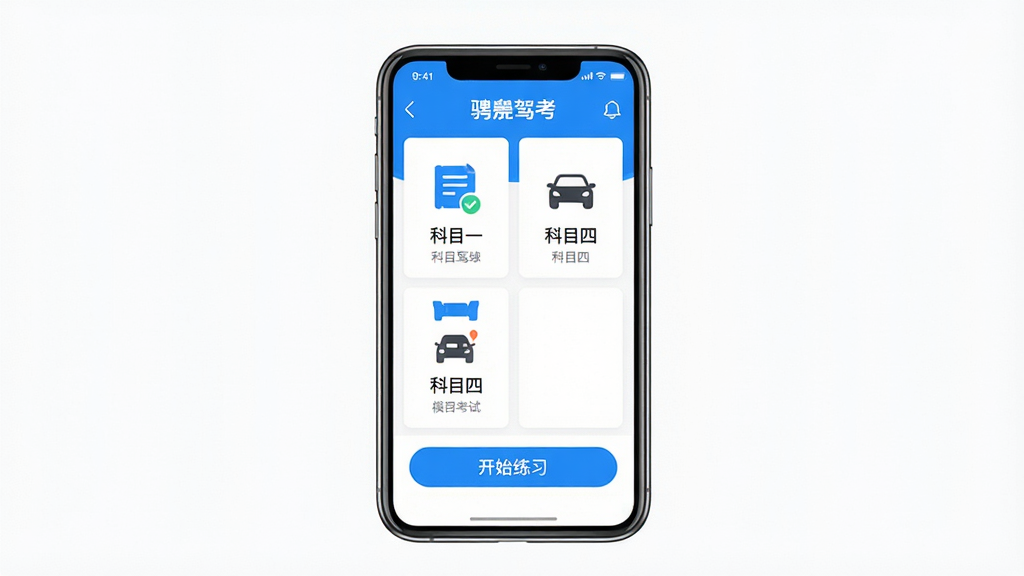 主体:手机屏幕展示“骋驾考”APP界面,界面清晰显示题库列表和模拟考试按钮;布局:手机居中,屏幕内容突出,周围留白;排版:界面简洁,功能图标排列整齐;风格:现代扁平化设计,色彩明亮以蓝色和白色为主;细节:屏幕中显示“科目一”、“科目四”等字样,并配有“开始练习”按钮;画质:高清,干净,无多余元素。
