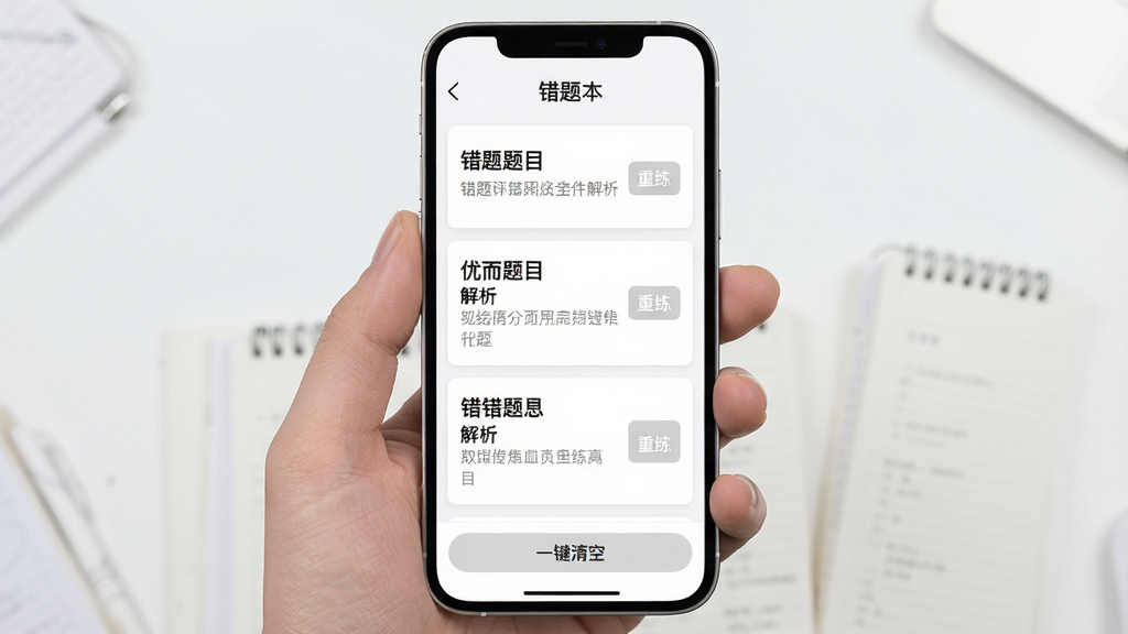 主体:错题本界面,列表显示错题题目和解析;布局:手机竖屏居中,界面从上到下依次为标题、错题列表;排版:题目文字加粗,解析文字浅灰色;风格:简约风格,背景白色,卡片式设计;细节:每道错题右侧有“重练”按钮,底部有“一键清空”按钮;画质:高清,干净,无多余元素。