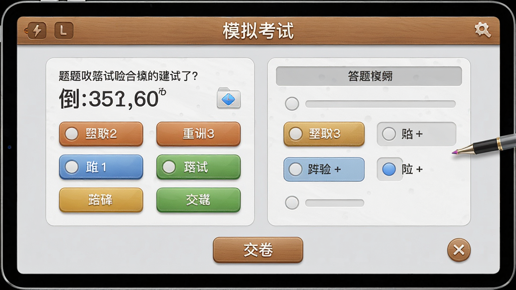 主体:模拟考试界面截图,显示倒计时和答题卡;布局:平板电脑居中,界面左右分布;排版:题目文字清晰,选项按钮大而醒目;风格:拟物化设计,背景淡灰色;细节:顶部显示“模拟考试”标题,底部有“交卷”按钮;画质:高清,干净,无多余元素。