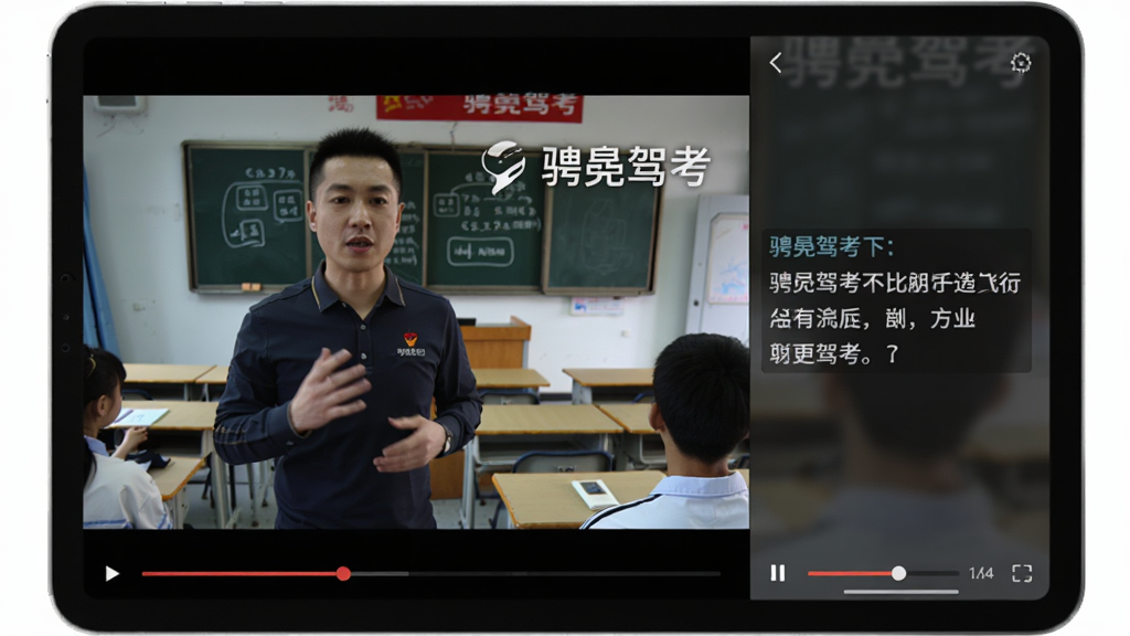 主体:视频课程播放界面,教练正在讲解题目;布局:平板电脑横屏,左侧为视频画面,右侧为字幕;排版:视频画面清晰,字幕滚动显示;风格:实拍风格,背景为教室;细节:画面中有“骋驾考”水印,底部有进度条;画质:高清,干净,无多余元素。