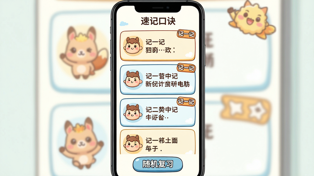 主体:速记口诀页面,展示多条口诀卡片;布局:手机屏幕居中,卡片纵向排列;排版:每条口诀以图标+文字形式呈现;风格:卡通插画风格,色彩鲜艳;细节:卡片上有“记一记”标签,底部有“随机复习”按钮;画质:高清,干净,无多余元素。