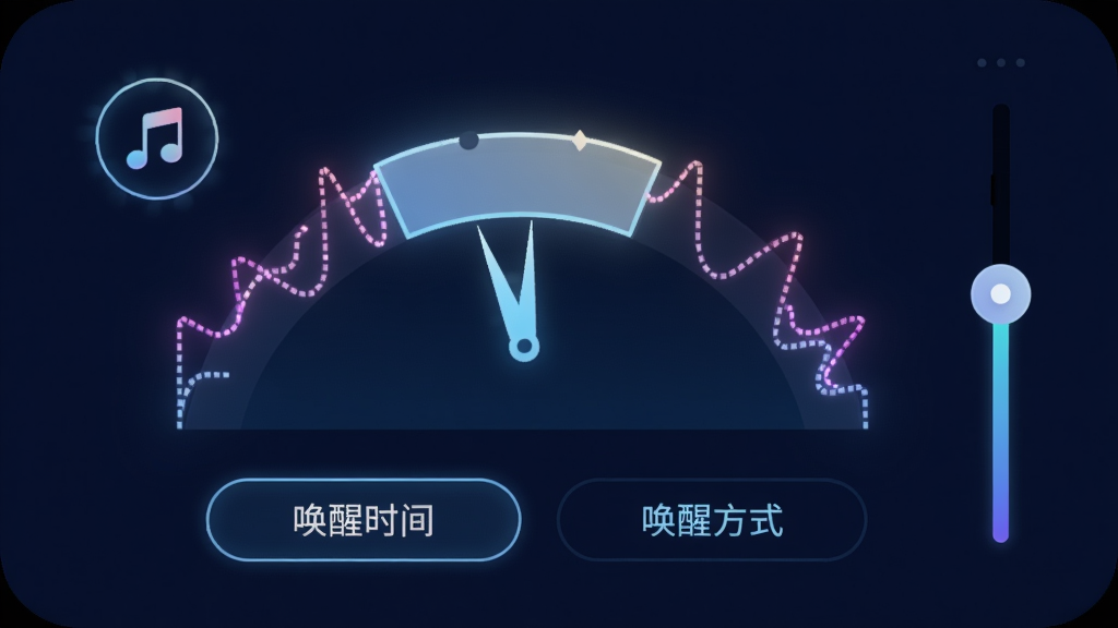 主体:智能闹钟界面,显示弧形睡眠周期图,一个指针在浅睡区间,旁边有音乐音符图标。布局:界面居中,背景为深蓝色,图形线条发光,右侧有设置滑杆。排版:睡眠周期图占主导,下方有
