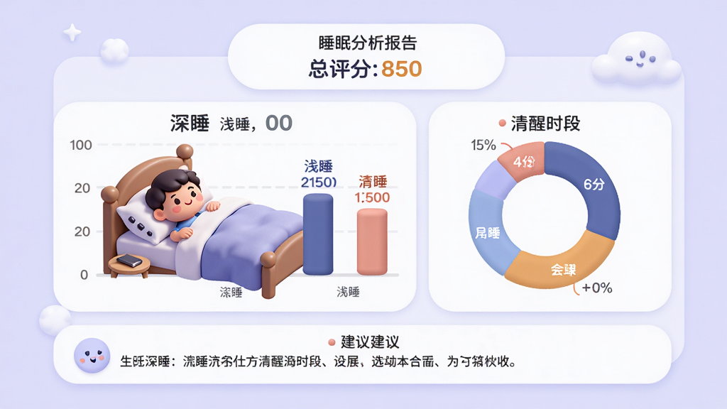 主体:睡眠分析报告页面,显示柱状图和环形图,标注深睡、浅睡、清醒时间段,一个卡通人物躺在床上。布局:图表居中,背景为淡紫色,卡片式设计。排版:上方为总评分,中部为图表,下方为建议文字。风格:温和,圆润,数据可视化。画质:高清,干净,无多余元素。