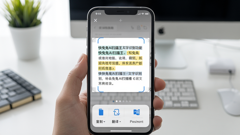 快兔兔AI扫描王文字识别功能,手机屏幕展示扫描后的文档页面,文字被高亮选中,下方弹出复制、翻译等操作选项,背景为办公桌面,风格简洁,画质干净,无多余元素